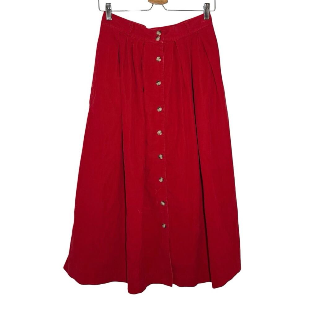 Vintage Eddie Bauer Red Corduroy Cottage Holiday Button Front Midi Skirt 14 / 6